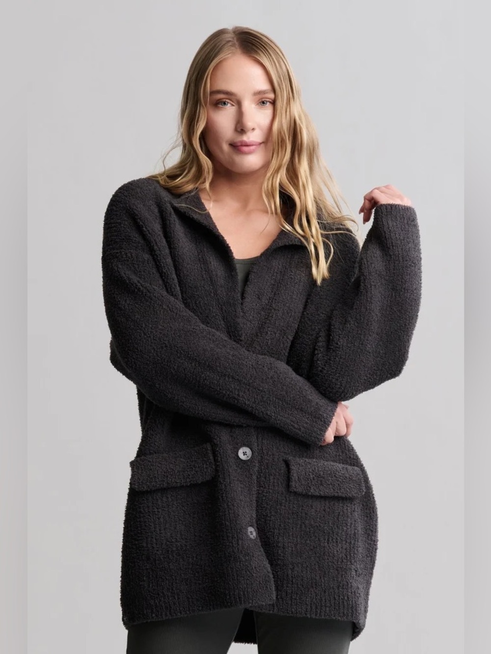 NWT Barefoot Dreams Cozy Black Oversized Button-Front Women's Sweater Cardigan
